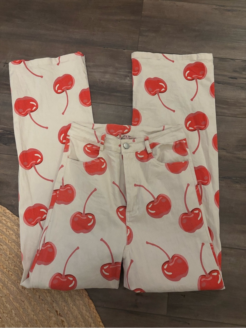 Women’s Cream Jeans with Red Cherry Print